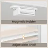Two separate images showing features of a cabinet. The top image shows a magnetic door holder. The bottom image shows adjustable shelves with an indicator for adjustment. Produktbild-Vorschau