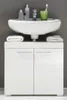A white bathroom vanity with a sink and faucet, stocked with toiletries and towels. Produktbild-Vorschau