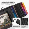 An open pencil case filled with colored pencils, with close-up shots of the case details. Produktbild-Vorschau