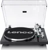 A Lenco LBT-215BK turntable is shown from a slightly elevated front-facing angle against a white background. The turntable has a black glossy base, a black felt mat with the Lenco logo in silver, a silver tonearm, and a clear dust cover that is propped ope Produktbild-Vorschau