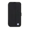 A black leather book-style phone case with the BMW logo. Produktbild-Vorschau