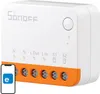 A product shot of a white and orange SONOFF MINIR4 Extreme WiFi Smart Switch, with a smartphone displaying an app icon in the foreground. Produktbild-Vorschau