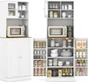 A white kitchen cabinet with glass doors and wooden accents, filled with various kitchen items. Podgląd zdjęcia produktu