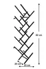 A black metal wine rack is shown against a white background with dimensions indicated. Náhled obrázku produktu