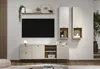 A modern living room setup featuring a lowboard, wall-mounted cabinets, and a television. Produktbild-Vorschau