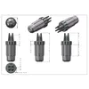 Technical drawings and 3D renders of a cable connector. Produktbild-Vorschau