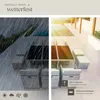 A split image showing outdoor furniture in rain and sunshine, highlighting its weather resistance. Produktbild-Vorschau