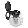 A clear, overhead shot of a glass teapot with a black lid and handle, and a metal infuser basket inside. The teapot is shown against a plain white background. Podgląd zdjęcia produktu