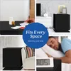 Collage of images showing a black nightstand in different settings, including next to a bed and on a desk, with a person sleeping in one panel. Produktbild-Vorschau