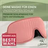 A pink sleep mask is shown with marketing text overlayed on a green and white background. Produktbild-Vorschau
