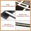 A collage of four close-up images of a modern black LED ceiling light, highlighting its features. Produktbild-Vorschau