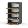 A modern, gray and wood-grain shoe cabinet with four open doors. Voir les images du produit