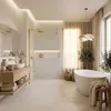 A luxurious and modern bathroom with a freestanding bathtub, a vanity with a sink, and a walk-in shower. Produktbild-Vorschau