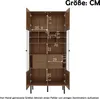 A front view of an open wooden cabinet with glass doors, showing internal shelves and drawers, with dimensions overlaid. Podgląd zdjęcia produktu