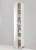 A tall, narrow white cabinet with its door slightly ajar, revealing several shelves stocked with bottles and boxes, standing against a plain light gray wall. Produktbild-Vorschau