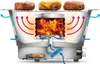 Diagram showing the airflow and heat distribution of a portable grill with burgers cooking on top. Produktbild-Vorschau