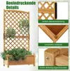 A wooden planter box with a trellis attached, featuring hanging plants and green foliage. The image is divided into sections highlighting product details. Podgląd zdjęcia produktu