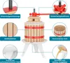 A detailed illustration of a fruit press with various components highlighted and labeled in German. Produktbild-Vorschau