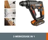A collage showing a cordless hammer drill and three examples of its use: drilling into wood, drilling into a wall, and driving a screw. Produktbild-Vorschau