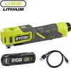 A Ryobi USB Lithium screwdriver and its battery pack are shown against a white background, along with a USB cable. Produktbild-Vorschau