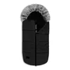 A black baby footmuff with a gray fur-lined hood, shown from the front against a white background. Náhled obrázku produktu