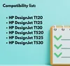 A list of compatible HP DesignJet printers is displayed on a light blue background, next to a stylized notepad with checkmarks. Produktbild-Vorschau