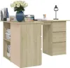 An L-shaped desk with shelves and drawers, decorated with a vase of flowers, books, and a desk lamp. Produktbild-Vorschau