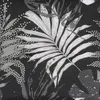 A close-up view of a black fabric with a pattern of white and gray palm leaves and dots. Produktbild-Vorschau