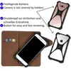 Collage of a brown leather wallet case with a phone inside, and two phone cases with a unique holder design. Produktbild-Vorschau
