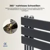Close-up of a dark gray radiator with text overlay describing its features, and a small inset image showing a welding process. Voir les images du produit