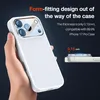 A hand holding a white iPhone case with a clear camera lens protector. Text overlays describe the product's features. Produktbild-Vorschau