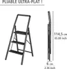 A dark gray, three-step folding ladder is shown in an open position on the left, and folded on the right with dimensions indicated. Produktbild-Vorschau