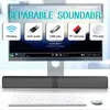 A computer monitor displaying a media player interface, with a soundbar below it and a keyboard and mouse in the foreground. Icons representing different connectivity options are displayed above the monitor. Produktbild-Vorschau