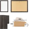 A collage of images showing a dark brown picture frame from the front, back, and side, along with a diagram illustrating its dimensions. Produktbild-Vorschau