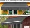 Two images of a gray awning installed above windows and a door on brick and yellow-colored houses. Produktbild-Vorschau
