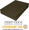 A brown fitted sheet is shown from a slightly elevated angle against a white background. Text and logos are present below the sheet. Produktbild-Vorschau