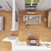 A top-down view of a living room with a sofa, coffee table, and a robot vacuum cleaner. Voir les images du produit