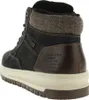 A rear view of a black and brown men's boot with tan fabric accents. Anteprima dell’immagine prodotto