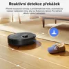 A robotic vacuum cleaner is shown on a wooden floor with white arrows indicating its path, next to a small slipper. A blue circle with a white cone icon is in the background, and text is at the top of the image. Anteprima dell’immagine prodotto