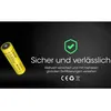 A yellow battery is shown on the left, with text and icons on the right indicating safety and reliability. Produktbild-Vorschau
