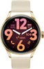 A close-up shot of a smartwatch with a gold casing and a beige strap, displaying a colorful watch face with digital time and icons. Voir les images du produit