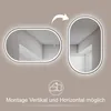 Two oval mirrors with LED lighting, one horizontal and one vertical, against a plain background. An arrow indicates the orientation change, and a circular icon shows the rotation of a phone. Text below indicates mounting options. Produktbild-Vorschau