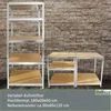 Two shelving units are shown against a brick wall. One is a tall, narrow unit with five shelves, and the other is a shorter, wider unit with two shelves, placed next to the first. Text and a logo are overlaid at the bottom. Produktbild-Vorschau