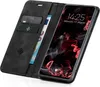 A black flip case for a smartphone is shown open, displaying cards and currency inside, with the phone screen visible. Produktbild-Vorschau