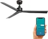 A black ceiling fan and a hand holding a smartphone displaying a fan control app. Produktbild-Vorschau