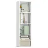 A white, four-shelf bookcase filled with various items. Produktbild-Vorschau