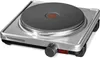 A close-up studio shot of a silver electric single burner hot plate with a black cooking surface, set against a white background. Náhled obrázku produktu