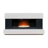 A modern electric fireplace with a white frame and black accents, featuring a glowing orange flame effect and white decorative stones. Náhled obrázku produktu