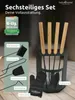 A set of fireplace tools and accessories displayed with labels and marketing text. Produktbild-Vorschau