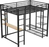 A black metal loft bed with a desk and shelves, shown against a white background. Podgląd zdjęcia produktu